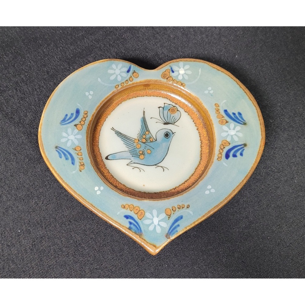 VTG Ken Edwards El Palomar Mexico Tonala Pottery Heart Trinket Dish Blue Bird